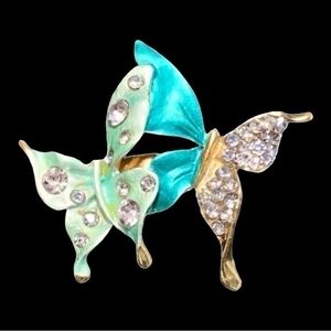 Vintage Blue Green Crystal Butterflies Brooch 2"x1.25" Gold Tone Pin Set
